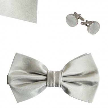  Set papion, butoni camasa, batista, argintiu uni, butterfly